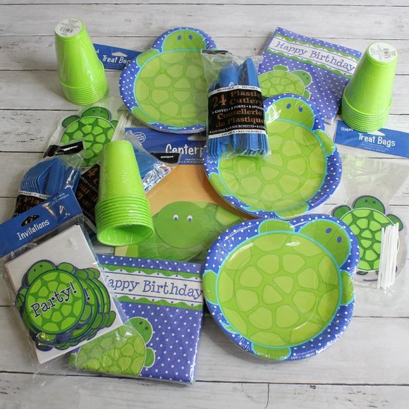 Kid Birthday Party LOT Turtle Plates Invitations Disposable Paper - Picture 1 of 11